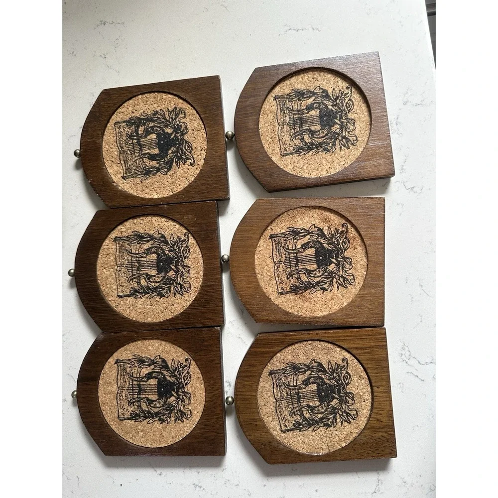 Vintage 1975 Enesco Baby Grand Piano Wooden Coaster Set 6 Cork Coasters